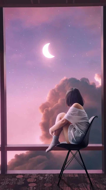 صورة لفتاة تجلس وحيدة بجانب القمر، بخلفيات حزن وغضب وغامضة وغير واضحة
