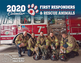 2020 First Responders & Rescue Animals calendar, with a photo of fire truck and firemen in full gear holding various small animals