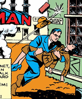 Action Comics (1938) #23 Page 1 Title Panel: Clark Kent carries an unconscious Lois Lane to safety.