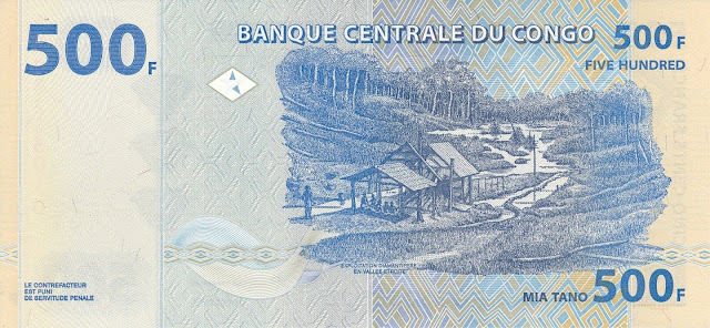 Congo Democratic Republic 500 Congolese francs banknote 2002 Diamond exploitation in Etroite Valley