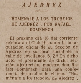 Club Ajedrez Hispania, nota de prensa de 1950