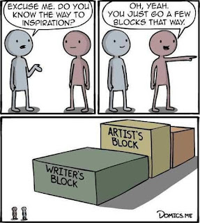 'Excuse me, do you know the way to inspiration?' 'Oh yeah, you just go a few blocks that way.' People look at huge blocks labelled 'writer's block' and 'artist's block'.