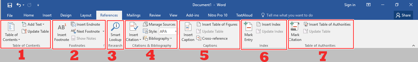 Menu bar References Microsoft Word 2016