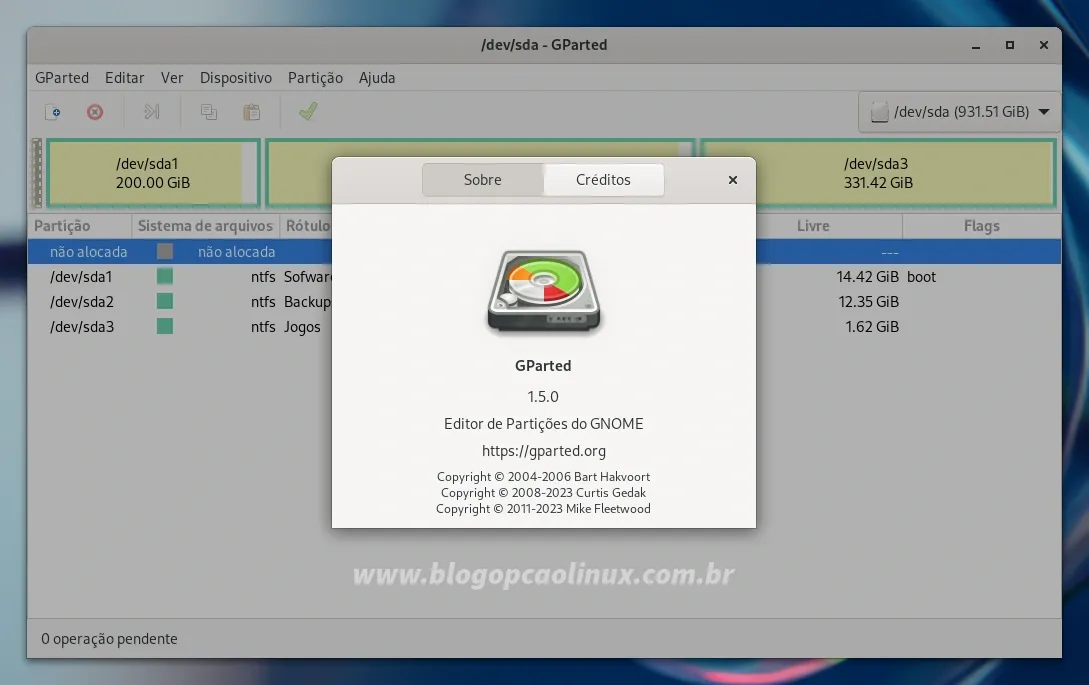 GParted executando no Fedora 39 Workstation