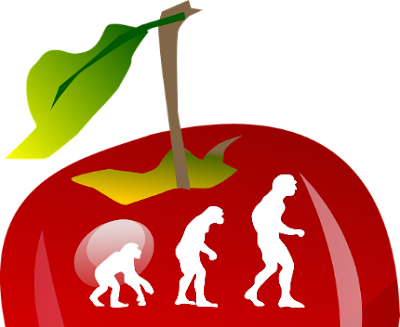 Silhoettes of ape, caveman, and modern human against the backdrop of a red apple