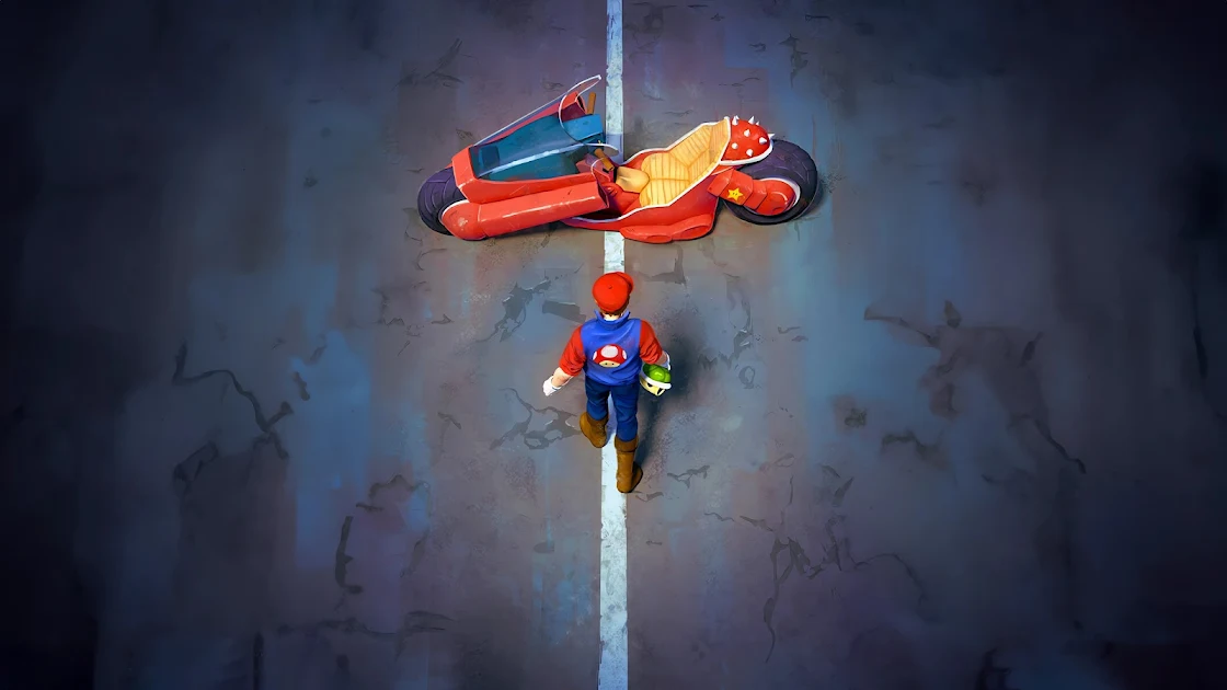 a cool illustration of mario bros like akira anime motorcycle