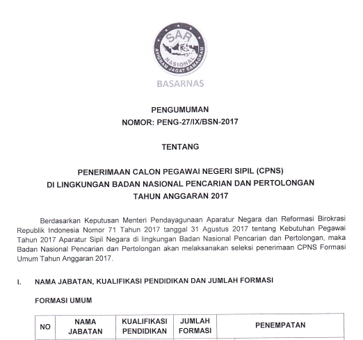 BASARNAS - Soal dan Pendaftaran CPNS Badan Nasional Pencarian dan Pertolongan 2017