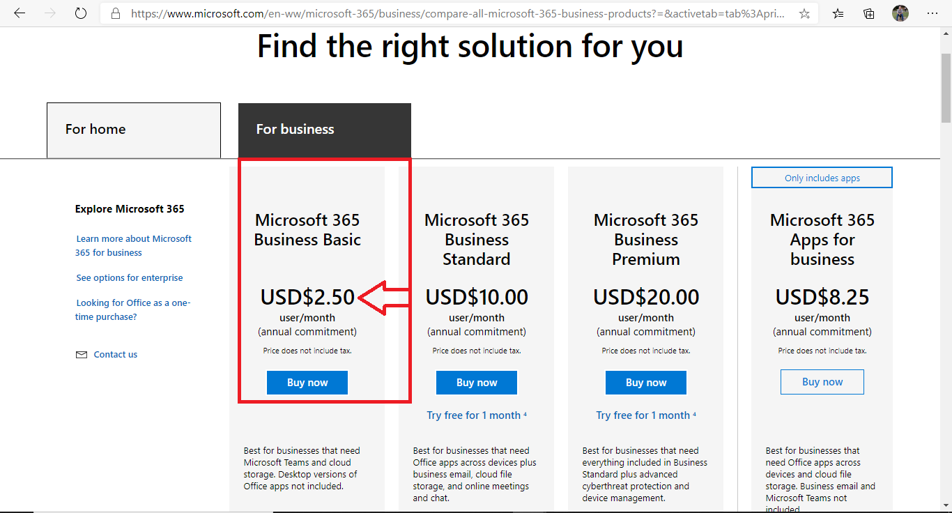 Microsoft 365 Business Basic: 2.5USD/user/month