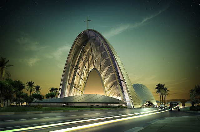 Picture of new modern church at sunset as seen from the street