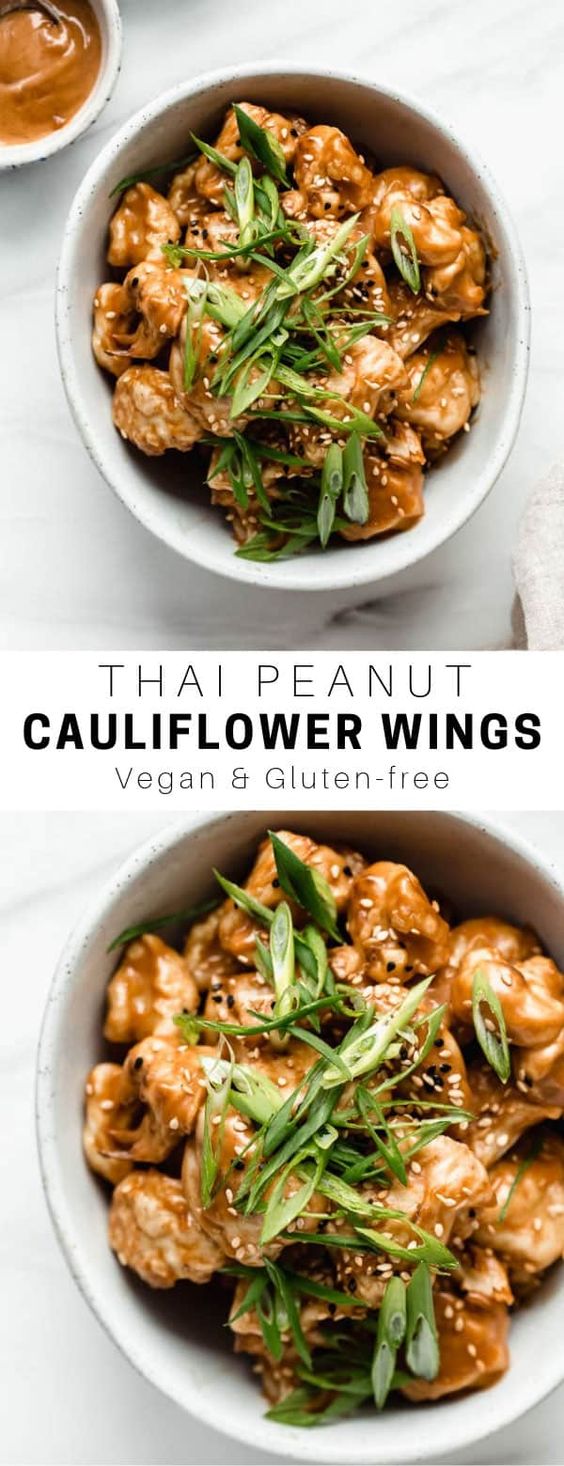 These Thai peanut cauliflower wings are the BEST! They're baked and topped off with a tangy peanut butter sauce! [Vegan & gluten-free] #cauliflower #thairecipe #peanut #veganrecipes #choosingchia