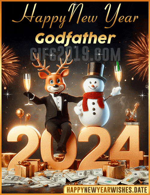 Happy New Year 2024 Reindeer Snowman gif for Godfather