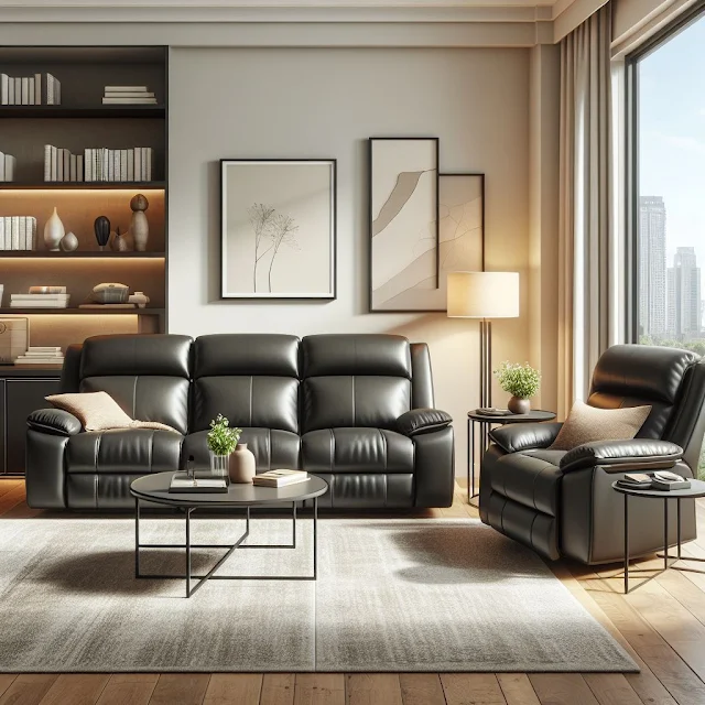 luxurious black leather reclining sofa set