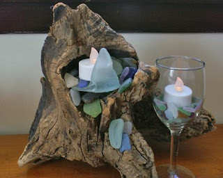 Beach glass and driftwood decor