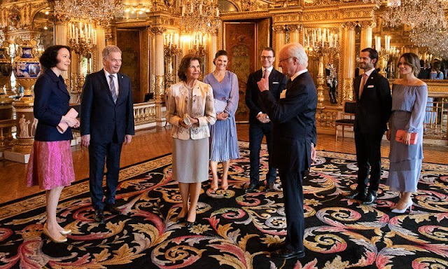 Crown Princess Victoria wore a pleated long dress by H&M. Jenni Haukio, Queen Silvia, Prince Daniel, Prince Carl Philip and Princess Sofia