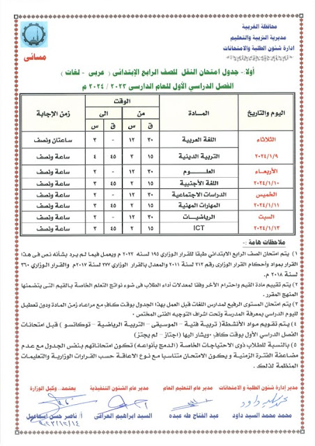 جدول امتحانات محافظة الغربية  ترم أول2024 %D8%B1%D8%A7%D8%A8%D8%B9%D8%A9