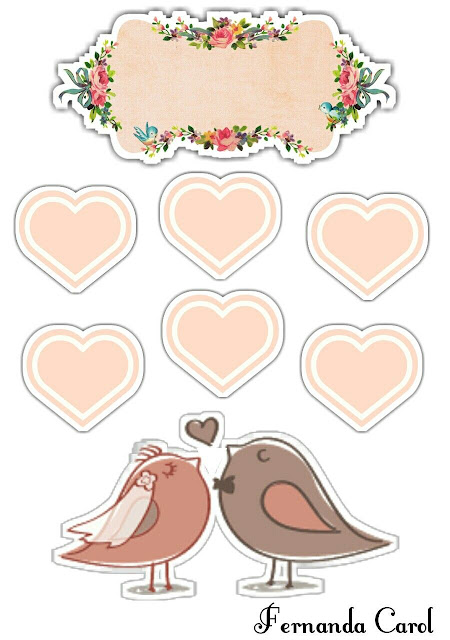 Birds Getting Married with Peach Hearts: Free Printable Cake Toppers.