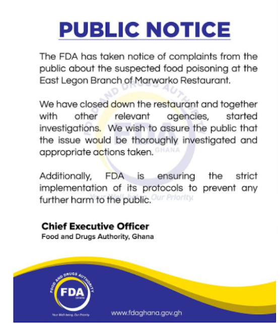 FDA shuts down East Legon Marwako.