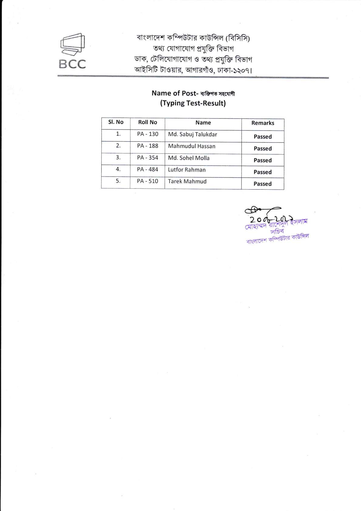 বাংলাদেশ কম্পিউটার কাউন্সিল এর চাকরির পরীক্ষার ফলাফল প্রকাশ- EXAM RESULTS