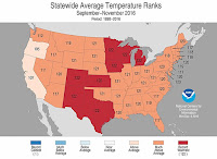 Figure 2. Statewide rankings for average temperature during September - November 2016, as compared to each September - November period since 1895. Darker shades of orange indicate higher rankings for warmth, with 1 denoting the coldest month on record and 122 the warmest. (Image credit: NOAA/NCEI) Click to Enlarge.