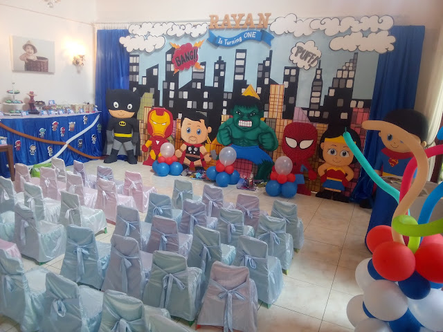 Dekorasi background / backdrop ulang tahun anak kecil tema Superhero