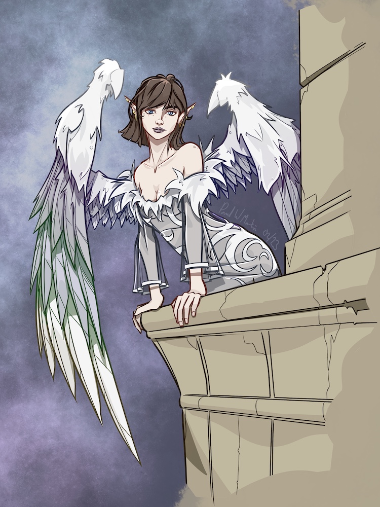 A young woman with straight dark brown hair cut to halfway down the neck looks out over a stone balcony. She has faintly irridescent white feathered wings and is wearing a shoulder-less translucent dress decorated with white swirls and feathers around the bodice and sleeves. The sky behind her is hazy and overcast.