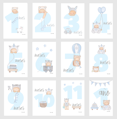 12 tarjetas para fotos de bebés -  12 meses -azul y gris