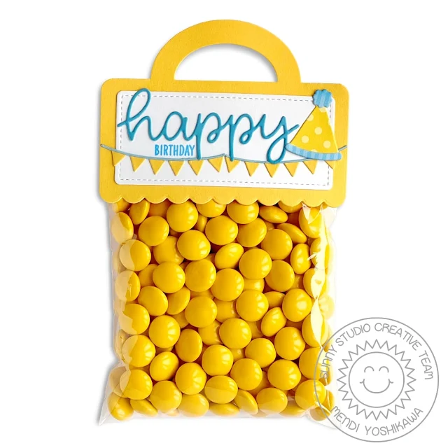 Sunny Studio Stamps Blog: Blue & Yellow Chocolate Candies Birthday Party Favor Bag using Treat Bag Topper Metal Cutting Dies