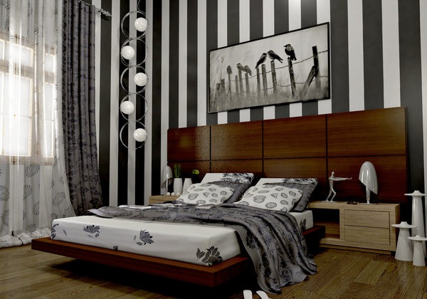 Kamar Tidur dengan Desain Dinding Garis Garis Rancangan 