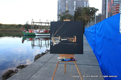 Plein air oil painting of the Anzac Bridge and Glebe Island painted by industrial heritage artist Jane Bennett