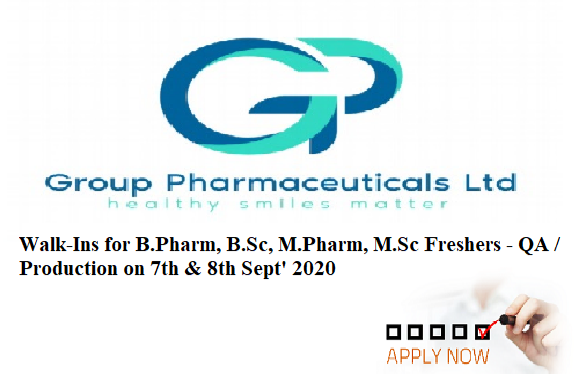 Group Pharmaceuticals | Walk-in interview for Freshers on 7&8 Sept 2020