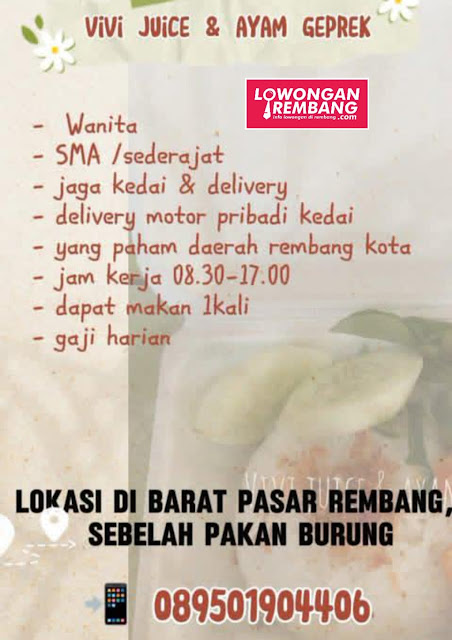 Lowongan Kerja Pegawai Vivi Juice dan Ayam Geprek Rembang