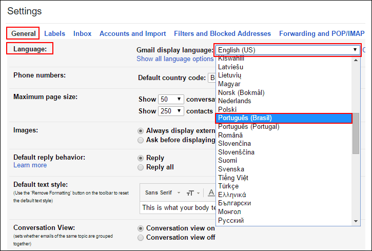 linguagem do Gmail em português