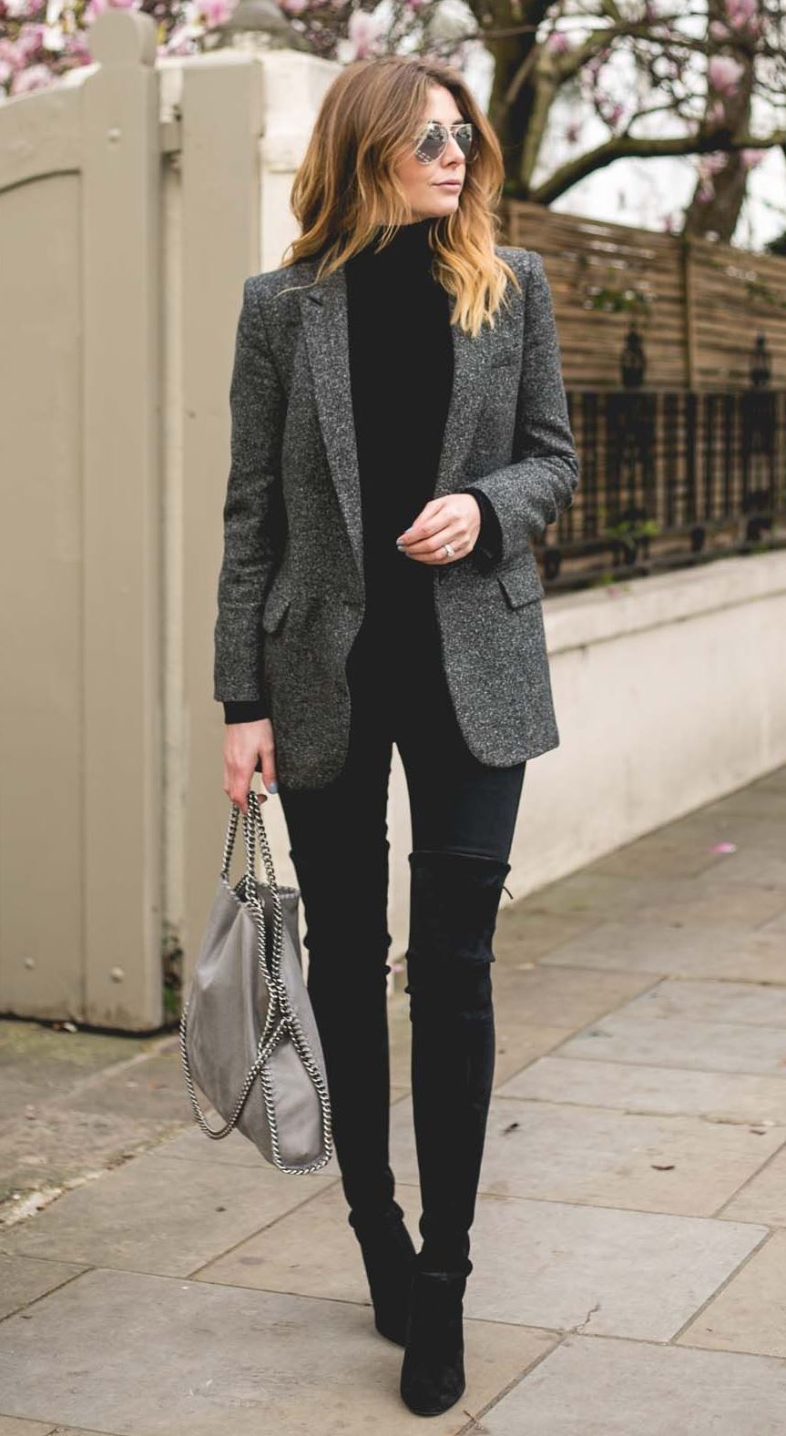how to style a blazer : top + skinnies + bag + over knee boots