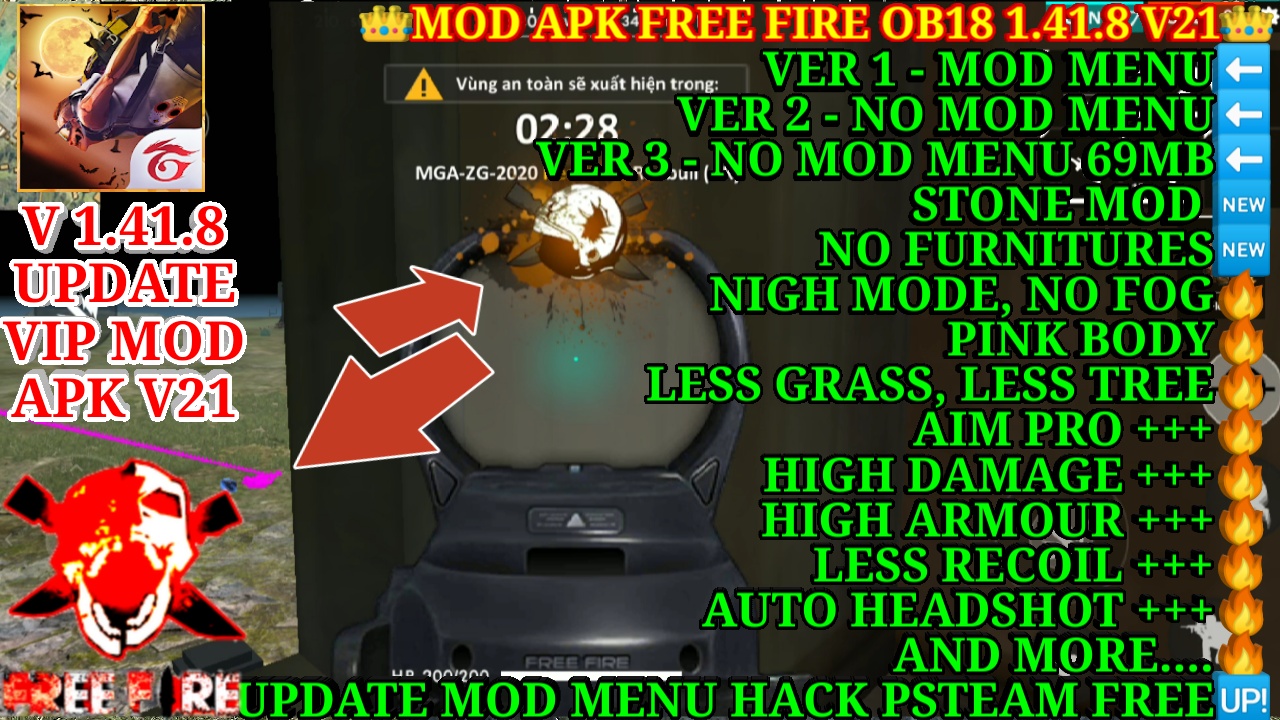 MOD APK FREE FIRE OB18 1.41.8 V21  NO FURNITURES, STONE MOD, PINK BODY