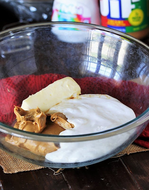 Marshmallow Creme Peanut Butter Frosting Ingredients in Mixing Bowl Image