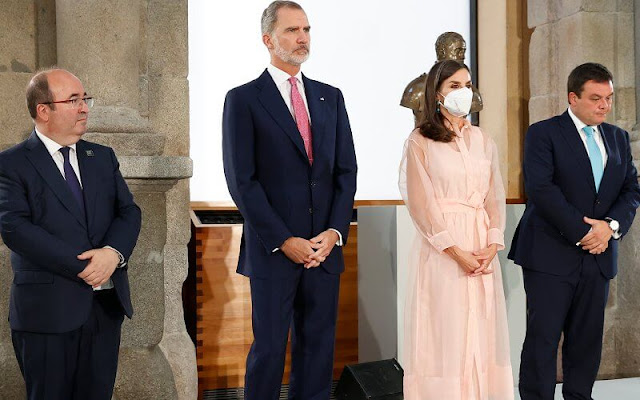 Queen Letizia wore a pink roane organza shirt dress by Maje Paris. Tous beethoven earrings and Steve Madden suede pumps