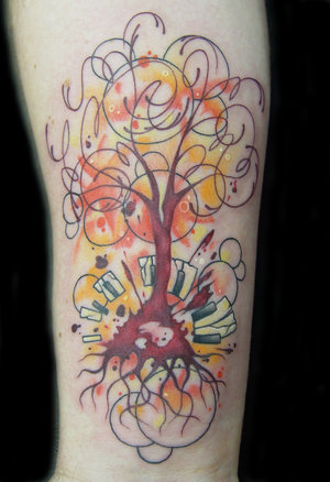 back tattoo tree. Small Blue Bird Tattoo style.