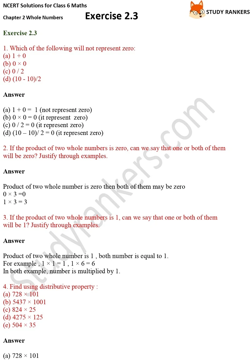 NCERT Solutions for Class 6 Maths Chapter 2 Whole Numbers Exercise 2.3 Part 1