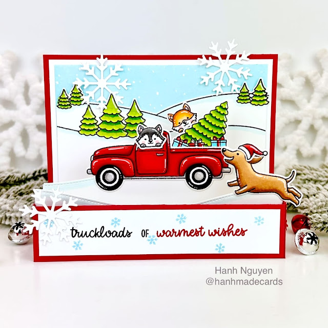 Sunny Studio Stamps: Truckloads of Fun Christmas Card by Hanh Nguyen (featuring Dashing Dachshund, Slimline Dies, Scenic Route)