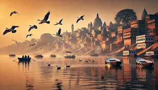 नदीपात्रावर पक्षांचा थवा उडताना
