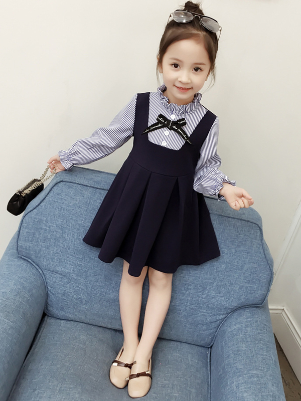 Striped Ruched Long Sleeve Girls Dress