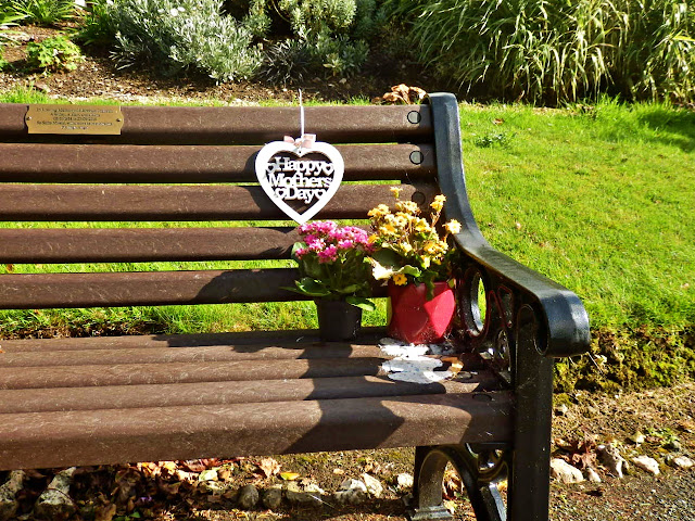 Memorial seat or bench with flowers in Victoria Park, Truro, Cornwall