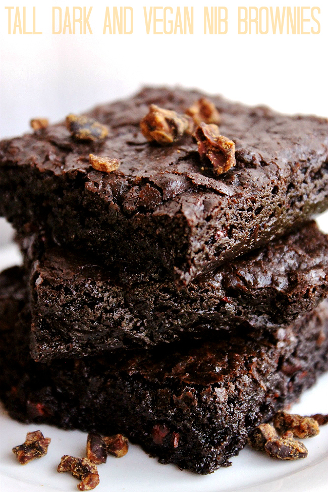 These Tall, Dark, and VEGAN Nib Brownies are dense and full of rich authentic chocolate flavor with the satisfying crunch of nutty cacao nibs. And that beautiful dark color? It's complimented by a texture that is a fine line between chewy and gooey!