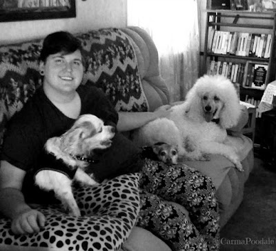 Sarah on the couch with Jenny, Scooby and Carma Poodale