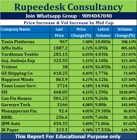 Price Increase & Vol Increase In Mid Cap