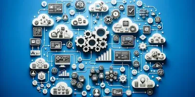 A diagram representing automated workflows and integration of various Microsoft tools such as Power Automate, Power Apps, and Power BI