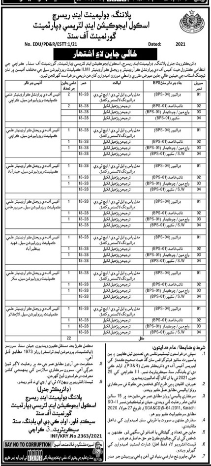 Planning, Development And Research School Education And Literacy Department Government of Sindh Jobs 2021