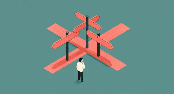 청약 전략을 고민하는 상징적 인물, 여러 방향을 가리키는 갈림길 팻말