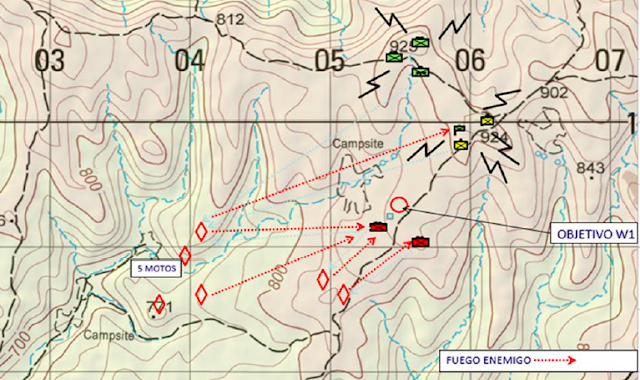 Croquis de los primeros orígenes de fuego enemigo y despliegue propio