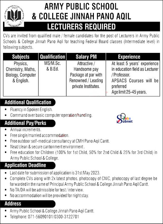 Latest Lecturer Jobs At Army Public School and College 2023